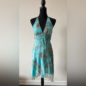 Turquoise Floral Halter Summer Dress sz S